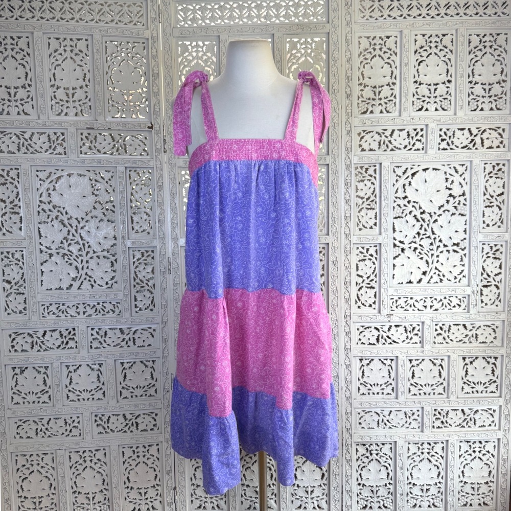 Vtg 80's Colorblock Tiered Dress Womens M/L Coquette Retro Twee Floral